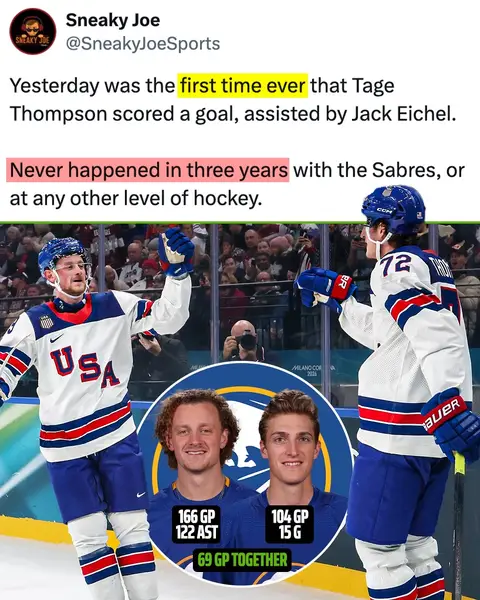 From the 18-19 season until the 20-21 season, before being traded to the Las Vegas Golden Knights, Jack Eichel assisted on 122 goals with the Sabres and NONE were to Tage Thompson 🤯 (via SneakyJoeSports/X)  #NHL #usahockey #jackeichel #tagethompson #olympics 