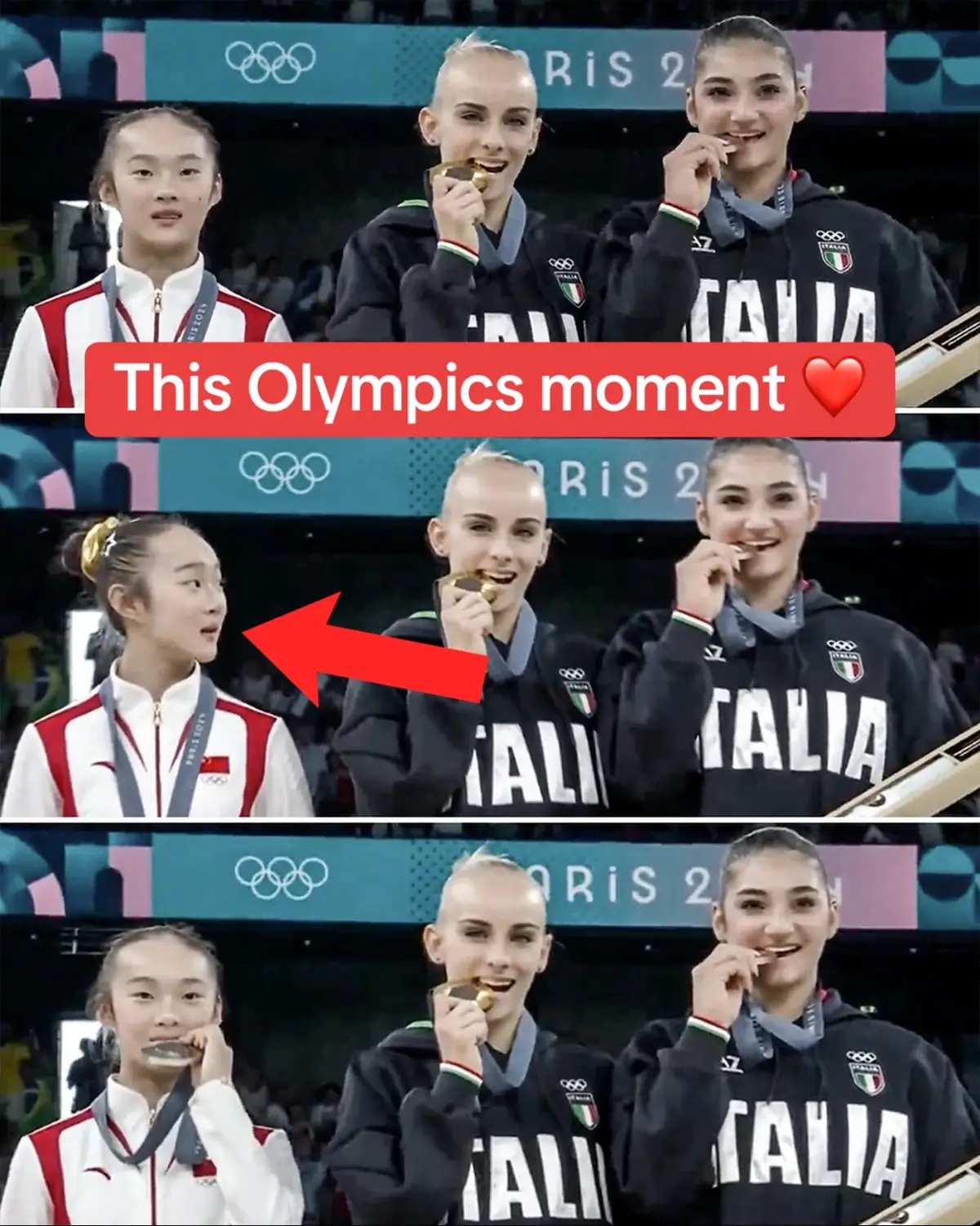 the balance beam podium, China’s Zhou Yaqin noticed Italy’s Alice D’Amato and Manila Esposito biting their medals and wanted in on the fun (2024) 🥹 #olympics #beautiful #awesome #sports 