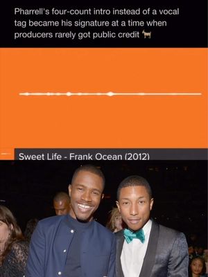 📲Follow @Bars for more content like this Pharrell redefined the producer tag. Instead of using a loud vocal drop or signature phrase, he made the rhythm his identifier. A simple four count at the start became his stamp, letting listeners know it was his production before the song even began🐐 #pharellwilliams #fyp #viral #frankocean #producer 