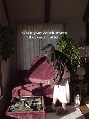The more seating the better, do you agree? My @Cozey atmosphere couch is one of my favorite pieces in my home and the hidden storage is such a lovely addition #CozeyPartner  Featured pieces all from Cozey: Atmosphere couch in bordeaux Altitude wall shelf in walnut Vela chair in walnut boucle