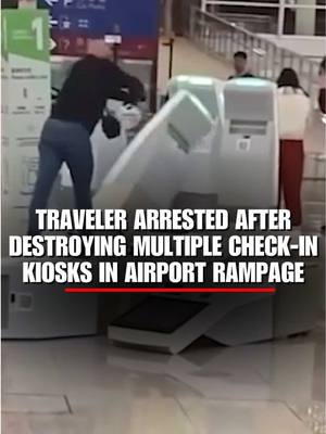 AIRPORT CHAOS: Viral video shows a man knocking over and smashing check-in kiosks with a metal pole at Hong Kong International Airport as stunned travelers and employees looked on. Police arrested the man after the outburst reportedly damaged about 10 kiosks and nearby fixtures.