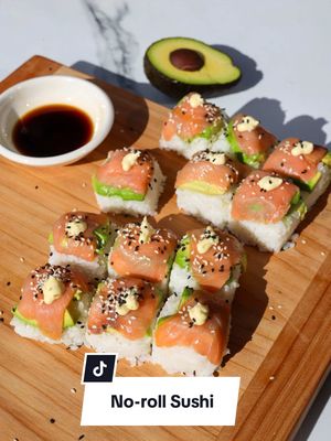 Love sushi but hate the faff of rolling it? This no-roll version gives you all the flavour with none of the effort. Ingredients: * Smoked salmon * 1 avocado, sliced * Cooked sushi rice * Nori sheets * Japanese mayo * Sesame seeds * Soy sauce, for dipping * Cling wrap * Ice cube tray Method: 1. Line an ice cube tray with cling wrap, leaving enough overhang to lift everything out later. 2. Add smoked salmon into each section, followed by avocado and sushi rice. Press down firmly so each piece is compact. 3. Place a small piece of nori on top of each section. 4. Cover and pop into the fridge for 20 minutes to set. 5. Flip out using the cling wrap and remove from the tray. 6. Drizzle with Japanese mayo, sprinkle over sesame seeds, and serve with soy sauce for dipping. The easiest sushi you’ll ever make - no rolling, no stress, just delicious little bites. #EasyRecipes #sushilovers #quickmeals #homecooking #viralrecipes