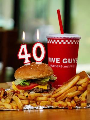 It’s our 40th birthday, but we’re giving a gift away to YOU – because we wouldn’t be here without our fans! 🍔🎂  Enter for a chance to win…  🥳 A special edition 40th birthday Five Guys crossbody sling bag  🥳 A mini Bluetooth speaker from our friends at @Coca-Cola  🥳 A $40 gift card to Five Guys for a birthday celebration on us   In honor of 40 years with the best fans, we’ll be choosing 40 winners – enter by liking this post, following @fiveguys, and commenting your go-to order!   NO PURCHASE NECESSARY.  Open to legal residents of the 50 U.S./D.C., age 18+. Void outside 50 U.S./D.C. and where prohibited. Ends 2/22/26. For full Official Rules, visit the link in our bio.