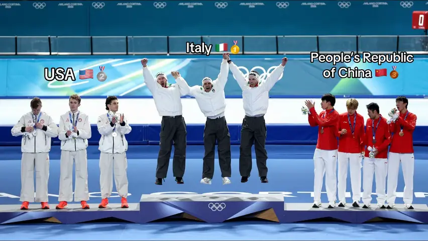 The #MilanoCortina2026 speed skating women's and men’s team pursuit podiums. ❤️‍🔥⛸️😮‍💨 #Olympics #SpeedSkating 