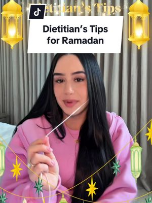 Share this with your friends and family who will be fasting this Ramadan! 🫶🏻 TIPS: Start With Soup Start your Iftar meal with 1 or 3 dates and a warm soup that comforts the stomach after a long day of fasting. This will help replenish your body fluids and prepare your digestive system for the main meal. Balance Your Meal Aim for half a plate of veggies, 1/4th a plate of protein, 1/4th a plate of complex carbs and 1-2 thumbs of healthy fats. (I’ll be sharing some more throughout the month) Do Not Restrict Do not completely restrict your self from having dessert after Iftar. This may lead to a binge. Instead allow yourself to enjoy a dessert but the key is to plan. Pick one dessert you love, portion it and enjoy it slowly. Another idea is to make your own healthier dessert. #Ramadan #healthyramadan #ramadantips #nutrition #dietitian 