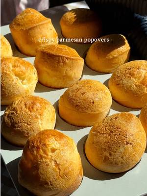 brazilian cheese bread x yorkshire pudding 🤭 these popovers are like brazilian cheese bread, but lighter and crispier! puffed up like a yorkshire pudding with a golden crust and a cheesy, chewy center 🤤 for the full recipe, comment “cheese bread” and i’ll send it to you!  #cheesebread #breadrecipe #yorkshirepudding #breadmaking #EasyRecipes