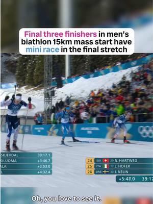 What an awesome moment 👏 The final three finishers stop to have their own mini race in the men's biathlon 15km mass start #MilanoCortina2026 #Olympics #winterolympics #feelgood 