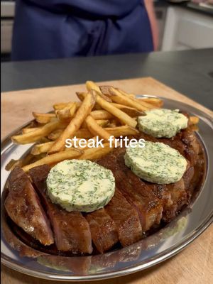 How to Make Steak Frites w/ Compound Butter - BTS ft. @lorealparis Men Expert Derma Power #ad FULL RECIPE BELOW ⬇️ (serves 2 people) INGREDIENTS: 1x 450g striploin steak - at least 1" thick 1/2 lb + 2 tbsp unsalted butter  1L neutral, high-smoke point oil 3 + 3 cloves garlic 1 large shallot 1 sprig thyme 3 large russet potatoes 1/2 bunch tarragon (1/2 cup picked leaves) 1/4 bunch parsley (1/2 cup picked leaves) 1/2 bunch chives 1/4 cup olive oil Fine sea salt Freshly cracked pepper (to taste) FRIES 🍟  1) Partially peel your potatoes (leave some skin on), and cut them into 1/4” batons. Transfer your potatoes to a large container full of ice cold water, and change the water a couple of times to remove excess starch from the potatoes. Leave them for 15 minutes before draining.  2) Fill a heavy bottom pot half-way with neutral, high smoke-point oil. Preheat to 300 degrees Fahrenheit. Pat your potatoes dry with paper towel, and fry them for 4-6 minutes, or until the fries are a very pale blonde colour, and cooked through. 3) Transfer your fries to a large sheet tray to cool down, removing as much excess oil as possible with paper towel. 4) Leave your fries to dry in the fridge for at least one hour, uncovered. 5) When ready to serve, fry your fries for a second time at 350F degrees for 2 minutes, or until golden brown. Season with sea salt.  STEAK 🥩  1) Season your steak generously with fine salt. For best results, leave your steak uncovered in the fridge overnight.  2) In a large, heavy-bottom pan, sear your steak on both sides over high heat in neutral oil. Put a small weight on the steak during this step to ensure an even sear. ~2 minutes on each side. 3) Lower heat to medium and continue to cook steak for another 2 minutes on each side. (Make sure temperature does not go above 35C/95F at this stage). 4) Add 2 tbsp butter to the pan, along with a sprig of thyme, 3 cloves of garlic, and the trims from your chopped shallots. Baste your steak until the steak develops a nice crust, and reaches an internal temperature of 42C/108F-45C/113F. 5) Rest your steak for 10 minutes before slicing, temperature will continue to carry-over to a nice medium. COMPOUND BUTTER 🧈 1) Cut your 1/2 lb of butter into equal-sized cubes, and leave it at room temperature to soften for at least 2 hours.  2) Finely chop your shallot and 3 cloves of garlic. Transfer both to a small pot, and cover with just enough olive oil to submerge your shallot and garlic. Place the pot over low heat, and allow everything to confit for 20-30 minutes. You want your shallots and garlic to be completely translucent, and fully cooked through. Allow everything to cool down to room temperature. 3) Finely chop your chives, parsley and tarragon leaves. Add to a mixing bowl with your softened butter. Strain out your shallots and garlic from their oil, and add to your mixing bowl. Mix everything well to combine.  4) Lay out a large sheet of plastic wrap on a clean, solid work surface. Add your butter in the middle of the plastic wrap, and roll it tightly into a log. Continue rolling your butter "log" to tighten it and further compact the butter. Transfer it to the fridge for at least one hour, or to the freezer for 20-30 minutes to set.  5) When ready to serve, slice your butter into 1/2cm discs, and leave them at room temperature for 15-20 minutes before adding to your steak.  #menexpert #steakfrites #homecooking #Recipe 