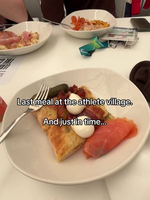 Snow pants and boots are tough.  Legs get hot and it takes 5 minutes to undress…or you just own it 🤷‍♀️ . #winterolympics #milanocortina2026 #athletevillage #dininghall 