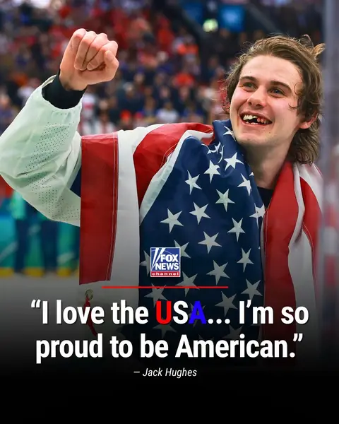 AMERICAN GLORY: Team USA star Jack Hughes shares a patriotic message after scoring the overtime goal to secure a gold medal in the Olympic men’s ice hockey thriller against Canada.
