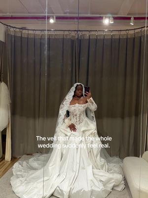 Okay, so thoughts on this veil? I truly fell in love with it but what you think? Is this lace gorgeous or too much, or is it just enough? Let me know so that I can see which direction I really want to go in. #WeddingDress #WeddingDressShopping #mantillaveil #weddingtok #blackbride 