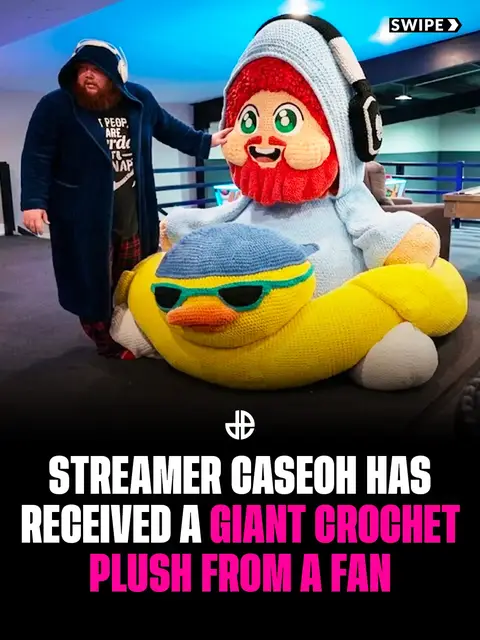 CaseOh has officially been immortalized in yarn. :yarn: During a recent stream, the creator debuted a giant, life-size crochet version of himself, complete with his signature headphones and a massive yellow duckie floatie. The creation was commissioned by the team from Waterpark Simulator to promote the game 🤝 📸: caseoh_games / @thecrochetginger #caseoh #crochet #gaming 
