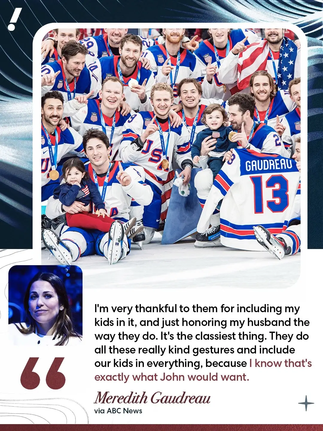 Meredith Gaudreau, the widow of professional hockey player Johnny Gaudreau, showed her appreciation for Team USA celebrating her husband and their children after winning Olympic gold ❤️ (via @ABC News) #hockey #olympics #winterolympics 