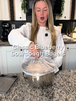Part 2 of my classic blueberry bagel recipe! I typically don’t drop videos this early in the day but you know I get excited over some bagels 🤤… in case you missed it yesterday, here’s the full recipe 👇🏼 CLASSIC BLUEBERRY SOURDOUGH BAGELS Ingredients: • 364g water • 332g starter • 1,148g bread flour (or high-protein AP) • 55g turbinado sugar • 55g maple syrup • 22g salt • 150g fresh blueberries Method:  1. Mix water and starter. Add maple syrup, sugar, flour, and salt and mix on low until shaggy. Add blueberries and mix until combined.  2. Knead into a ball, cover, and rest 1 hour. Knead again, shape smooth, return seam-side down, and cover to bulk ferment.  3. Let rise 6–12 hours until well expanded.  4. Turn onto counter, divide into 12 (175g), and shape into tight balls. Rest covered until slightly relaxed.  5. Poke a hole in the center and gently stretch. Proof covered again until soft and puffy.  6. Preheat oven to 425°F. Boil water with ~50g honey. Boil bagels 30 seconds per side and place on parchment.  7. Bake 15–18 minutes until golden and glossy.  8. Cool at least 1 hour before slicing. Don’t cut early… you’re an adult, I believe in you. Follow me if you love free recipes and happiness 💁🏼‍♀️