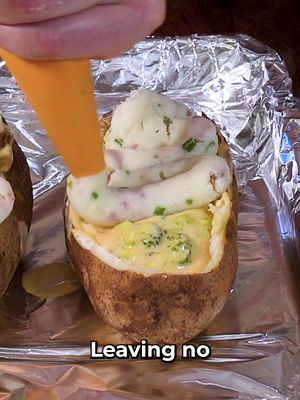 Cheddar Broccoli Twice Baked Potato INGREDIENTS & RECIPE👇🏻 4 large russet potatoes 1 cup cooked bacon bits 1/2 cup chopped chives 1/2 cup sour cream 2 tbsp garlic powder 2 tbsp onion powder 1/4 cup soft butter SOUP 2 cups evaporated milk 2 cups chicken stock 1/4 cup all purpose flour  1 cup diced onion 3 minced cloves of garlic 3 cups chopped broccoli  2 cups grated sharp cheddar cheese 1/4 cup hot sauce Salt and pepper to taste  Poke a few holes in the potatoes and coat them with olive oil and salt Bake the potatoes at 425 degrees F for 1 hour  Let the potatoes slightly cool and slice the top off Scoop the inside potato out into a bowl and mix in the bacon, chives, sour cream, garlic, and onion powder, butter, salt and pepper. Transfer to a piping bag or ziploc bag Melt 2 tbsp of butter in a medium soup pan Add the onions and cook for about 5 minutes Add the garlic and salt and pepper and cook for another 3 minutes or until the garlic is fragrant Mix in the flour and cook until the flour is golden brown Slowly mix in the evaporated milk and chicken stock Add the broccoli and simmer for 10 minutes Mix in the cheese a handful at a time adding more once the cheese is melted Mix in the hot sauce and season to taste with salt and pepper Add a ladle to the hollowed out potatoes and fill almost to the top Pipe the mashed potato mixture on top Bake in a 450 degree oven for about 10 minutes or until the top is golden brown