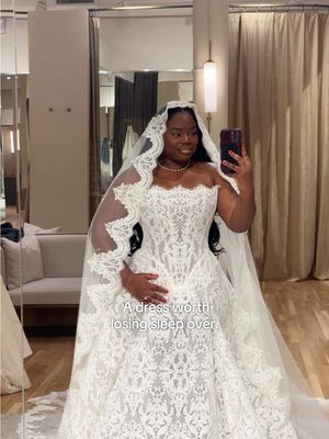 Okay how about this dress?  I keep coming back to it. I absolutely love the lace on lace moment. It feels so romantic empire you know? This one made me feel like a princess prepping for her wedding day 🤍 but what do you think? You’re loving it or too much lace?  #WeddingDress #mantillaveil #WeddingDress #weddingtok #blackbride 