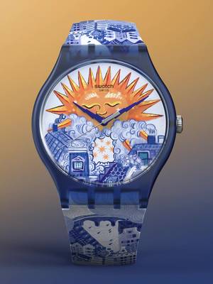 A PROMISE OF SUN is local artist Enzo Pérès-Labourdette’s tribute to Amsterdam. This Swatch Destination Art watch reimagines the city’s iconic canal houses and shifting skies, complete with glow-in-the-dark details and a playful calendar wheel that moves from rain to rainbows to shooting stars and more. Available from today in selected Swatch stores in Amsterdam! #SwatchDestinationArt #Amsterdam