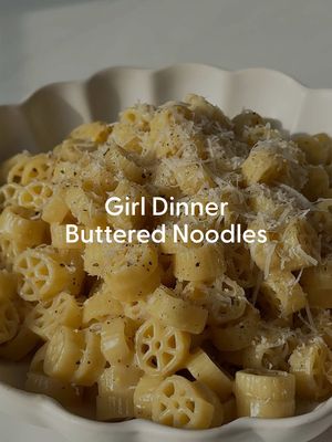 Just a girl and her girl dinner. 🤷‍♀️ Ingredients: -6 oz. pasta -3 cups chicken broth -3 tbsp. butter -flaky salt -black pepper -1/2 cup parmesan cheese, grated Directions: 1. Bring the chicken broth to a boil in a medium pot. Add the pasta and cook until al dente and most of the broth is absorbed. 2. Stir in butter, salt and pepper. 3. Remove from heat, then mix in the parmesan until fully combined. 4. Top with more cheese if desired, then enjoy! #girldinner #butternoodles #pasta #justagirl #recipes 