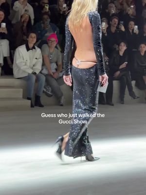 Business in the front, party in the back. #KateMoss just hit the runway at Demna’s first #Gucci show in a glittering black number. Tap the link in bio to see the collection. 