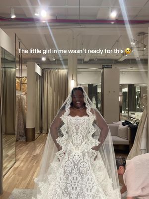 Thinking about this moment, I wasn't ready for this moment 🥹 Now this full lace dress really stopped me in my tracks. This was the first wedding dress I've ever tried on in my life, and my reaction was so much more emotional than I expected. I was never the girl who grew up planning every detail of her wedding - I just knew I wanted to marry someone | truly loved.  Everything else, I'd figure out when I got there. And somehow... I'm here. Who's cutting onions? This might be there one you cousin idk 🥹  #WeddingDress #bridal #weddingtok #bridaltiktok #weddingdressshopping 