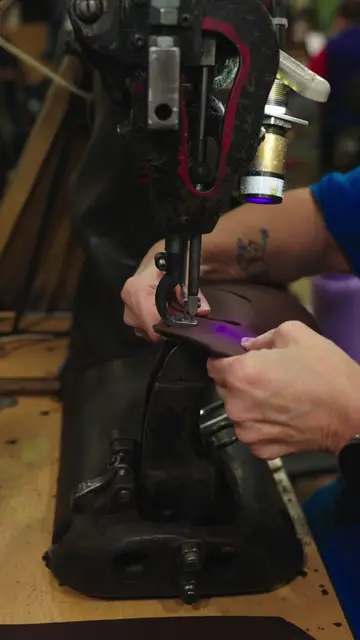 Vamping — Attaching the toe of the Pecos to the front quarter. #redwing #redwingboots #manufacturing #bootmaking