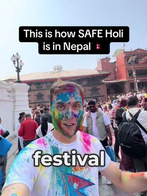 Holi in Nepal is NOTHING like Holi in India 🇳🇵 We arrived in Nepal and Kathmandu just in time for this years Holi festival. And it was nothing like what I have experienced in India the year before. 😅 I was very surprised by the amount of women, elderly people and even girls walking around or being accompanied by their parens in what was supposed to be Nepals busiest square to celebrate the festival. All the locals, including guys were super respectful and careful when applying color to our faces. It got a bit wilder later on in the day but at no time did I have the feeling that things were getting out of control. Don’t get me wrong: I really enjoyed my time in Mathura, Barsana & Vrindavan during Holi last year. It was the most wildest & memorable festival experience I ever had. But it is also too intense for most people. All the events I visited consisted of 99% men and even local women told me they would have loved to attend some of the events but never dared to because they are too scared. If you want to experience Holi for the first time and search for a tourist friendly experience and safe environment, then I would definitely recommend to consider Nepal for your trip! 🇳🇵 #nepal #india #holi #adventuretravel #festival 