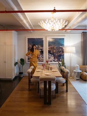 The elegant @Rove Concepts Tiberius Dining Table in white travertine and shearling Tola Dining Chairs are exactly what my nyc loft needed. I wanted a strong and timeless dining table that could easily transition from everyday moments to a glamorous, chic dinner party. The Tiberius Dining Tablve is inspired by Roman architecture and immediately makes the space feel grand. For a touch of playfulness, I added the Tola Dining Chairs. I love the beautiful texture and artistic design. I really wanted a creamy color palette in designs and materials that will last a lifetime. My home feels so bright and airy. I'm so excited to host this spring season! #JourneysInTaste #TiberiusTable #TolaDiningChair #RoveConcepts 