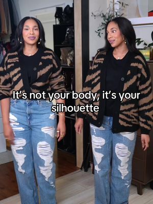 Same body. Same @GOOD AMERICAN jeans. Same Cardigan. Different silhouette.  You don’t fix by hiding or overly cinching, you fix with a silhouette strategy that works for you. 