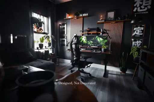 🪴This space didn’t come together overnight. It was built piece by piece over time—adding things that felt right and removing what didn’t. From the materials and lighting, to the chair, plants, and artwork—nothing here is random. #desksetup #homeoffice #interiordesign #coffee #plants 
