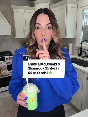 MAKE A MCDONALD’S SHAMROCK SHAKE IN 60 SECONDS! ☘️ Next time you’re at McDonald’s, save your cup for times like this! The Shamrock shake is so easy to make at home and the DIY version tasted even more delicious in my opinion! Ingredients: • 3 large scoops of vanilla ice cream • 1/2 cup milk • about 2 tbsp peppermint syrup  • green food coloring (I used Watkin’s dye-free food coloring - the green is made with spirulina extract and turmeric!) • whipped cream Instructions: Add all ingredients to blender and then blend until smooth. Top with whipped cream and enjoy! #momlife #shamrockshake #cookingathome #copycatrecipe #MomsofTikTok 
