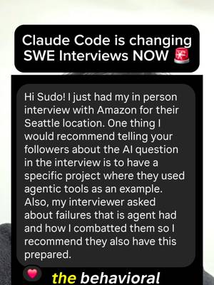 🚨 Claude Code is changing behavioral interviews. Not just technical interviews and OAs, but behaviorals! My followers interviewing at Amazon and American Express started reporting that interviewers are asking interns and new grads: "How are you using AI in your workflow?" If you're interviewing right now, you need to be ready for this. I have screenshots of follower reports on my IG stories covering how to talk about AI organically from your own experience. So save this Reel and send it to someone who's interviewing. 📩 Drop a comment if you want a full breakdown — my community here is genuinely the most helpful in tech (scroll the comments on any of my reels and you'll see). Follow and turn on your story notifications, I broke this news before anyone else. 🫡