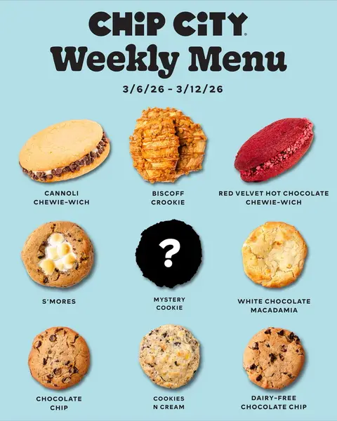 🌟 Chocolate Chip 🌟 Cookies N Cream 🌟 Dairy-Free Chocolate Chip 🌟 S’mores 🌟 White Chocolate Macadamia 🌟 Red Velvet Hot Chocolate Chewie-wich 🌟🌟 NEW Cannoli Chewie-wich 🌟🌟🌟 Biscoff Crookie We’ll see you soon! Shipping nationwide via @goldbelly — check the link in our bio or visit the Goldbelly website. 📦🍪✈️