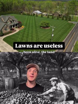 For all of human history the land around a home was used to grow food. That was until manicured grass (”lawns”) became a display of wealth. Why this becomes a problem: maintaining a lawn required enormous labor and generates zero food.  A lawn is a way of saying, "I'm so wealthy I can waste productive land on decoration." The first push mower in 1870 transformed what had been an aristocratic luxury into the expectation that every homeowner should maintain a trimmed grass yard. And we haven’t really looked back despite this making zero sense compared to actually having self-sufficient food supplies. The real flex is using your land to have a garden, fruit trees, chicken coop, etc… Grow as much of your food on your own. Buy what you can’t grow from small farmers. Fill in the rest with the grocery store.