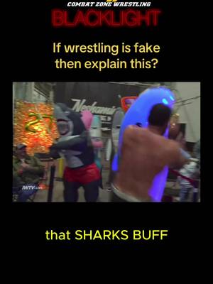 Dylan the Shark 🦈’s Family came to get their pound of flesh  from #BrandonWatts and #rexlawless avenging Dylan and helping @Brew Vallon 🏝️🦈🍹  !!  *no sharks were harmed but they did bite…*  #combatzonewrestling #sharkattack #czwblacklight 