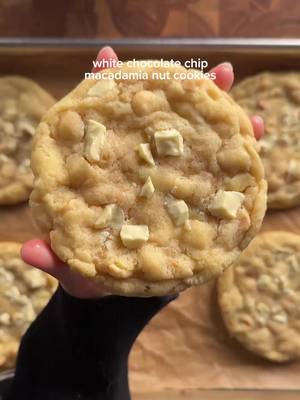 white chocolate macadamia cookies 1/2 cup (113g) unsalted butter, soft 3/4 cup (150g) sugar 1 egg 1 tsp (4g) vanilla 1 1/4 cup (155g) ap flour 1/2 tsp (2g) baking powder 1/2 tsp (3g) baking soda 1 tsp (3g) cornstarch 1/4 tsp (1g) salt 1 cup (140g) macadamia nuts 1 cup (170g) white chocolate cream together the butter and sugar well. then add in egg and vanilla. mix this well. in another bowl, whisk together the flour, baking powder, baking soda, cornstarch, and salt. add the dry to the wet ingredients and then fold gently to combine. when its almost fully mixed, add in the nuts and white chocolate. scoop onto baking tray and bake at 350 for 10-12 min (depending on the size). #whitechocolate #cookies #baking #Recipe 
