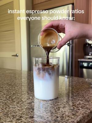 No espresso machine? No problem🙏 You can make all your favorite espresso-based drinks like lattes, shaken espressos and mochas at home using instant espresso powder. Here are the ratios to remember: ☕ 1 tsp + 1 oz water = single shot ☕ 2 tsp + 2 oz water = double shot ☕ 3 tsp + 3 oz water = triple shot ☕ 4 tsp + 4 oz water = quad shot Stir until dissolved, then pour over milk and ice for an easy latte. Save this for later and follow along if you want to learn how to make better coffee at home ☕️ #instantespresso #instantcoffe #nescafe #nescafegold 