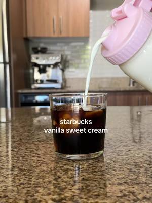 STARBUCKS SWEET CREAM FOR $0.32 🙏🙏🙏 Save your money and make your own Starbucks vanilla sweet cream in one minute at home!! Makes 31 ounces: ☕️15 ounces heavy cream ☕️6 ounces vanilla syrup ☕️10 ounces 2% milk SUGAR FREE: use a sugar free vanilla syrup DAIRY FREE: use barista style oat milk and dairy free heavy cream (or soy milk) Combine the ingredients in a mason jar or pitcher and shake/whisk until combined. Store in the fridge for up to 10 days or until the best by date on your heavy cream or milk! Shake well before each use. Add the sweet cream to any drink of choice or froth it up to make vanilla sweet cream cold foam! SHARE this post with a friend and FOLLOW for more at home coffee money saving tips✨ #starbucks #starbuckssweetcream #vanillasweetcream #coldfoam 