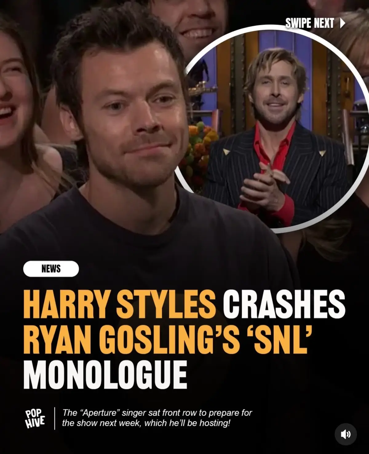 While hosting ‘Saturday Night Live,’ Ryan Gosling was in the middle of his opening monologue when an unexpected guest popped up. To Gosling’s playful confusion, Harry Styles suddenly appeared on screen sitting front row in the audience. The monologue then cut to a split-screen moment between Styles and Gosling, making sure viewers at home got a clear look at the pop star. 👀