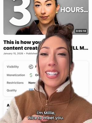 👀 This is crazy. Hi! I’m Millie. If you’re new here, I’m a creator coach who helps content creators turn their platforms into full-time income so they can leave their 9–5. I’ve spent the last 6 years building my own creator business and helping my students do the same. So I decided to take everything I’ve learned and put it into one video. If you’re trying to figure out how to actually go full-time as a content creator, this will give you a really clear starting point 🧡 Comment “3 Hours” and I’ll send you the link!