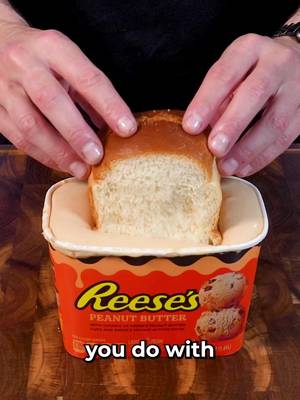 Reese's Ice Cream French Toast INGREDIENTS & RECIPE👇🏻 6 thick cut pieces of white bread (any thick bread will work as long as it's thick enough to stuff with Reese's Cups) 12 Reese's Peanut Butter Cups 1 container of melted Reese's ice cream  1 cup crushed Reese's pieces  Maple syrup and whipped cream for garnish 