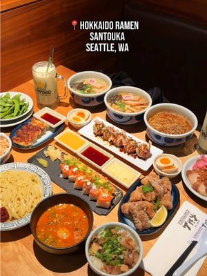 This Santouka Ramen restaurant is located in University Village of Seattle, WA. They have great appetizers, rice dishes, a huge selection of ramen, dipping ramen, sushi, desserts and so much more. It was our first time having a melon float and we would definitely get it again!  The black garlic ramen and shio ramen were our favorites, so comforting! I highly recommend for whatever ramen you choose, to go for the toroniku style. The tender pork cheek is so good. It was the perfect rainy day meal!  ⁣ 🚨 Want some free gyoza on your next visit? Just show the server this video, download the Santouka app and register! Also works if you already have the app. ⁣ #ramennoodles #seattlewa #soupseason #gyoza 