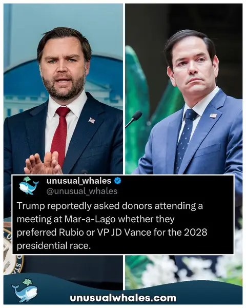 Trump reportedly asked donors attending a meeting at Mar-a-Lago whether they preferred Rubio or VP JD Vance for the 2028 presidential race. Rubio appeared to be the overwhelming preference of the attendees. Marco Rubio's 2028 Presidential odds continue to climb as he trails fellow Republican JD Vance by just 7%, per @polymarket #polymarketpartner Follow @unusualwhales for daily posts about the stock market and crypto📈 NOTE: This post is not financial advice. The stock market is risky, and any trade or investment is expected to have some, or total, loss. Please do research before any trade. Do not use this information for financial decisions. Do not use this, or Unusual Whales', information for investing. Check terms on site for full terms.