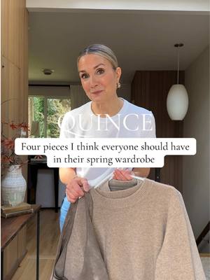 Link to shop in comments!Four spring wardrobe essentials from @onequince !   ✅Straight leg jeans: these are only $50 but have a designer brand fit! ✅Lightweight jacket: Needs to be warm enough for chilly days and roomy enough to layer over a tee or sweater. Choose a lighter color for spring vibes.  ✅Crewneck cashmere sweater: Endlessly versatile and cozy without being too bulky. Choose a light or pastel color.  ✅Suede bag: A modern update that will take you all the way to summer! This pebble color is the perfect practical choice and goes with everything.  I’m 5’6” and wear small in tops and jackets and 26 in jeans.  #over50 #springfashion #styletips #outfitideas #quincepartner 