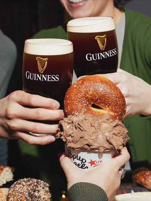 Got Guinness on your mind? Great. Now get it on your bagel.  Guinness x @PopUpBagels chocolate stout cake schmear is available now through 3/25 while supplies last at all Popup Bagels locations! #guinness #stpatricksday #popupbagels 