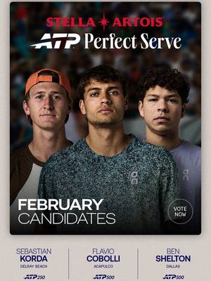 Who’s taking home the top spot this month? 🥇  Korda 🔹 Cobolli 🔹 Shelton It’s up to you to vote for the best ATP Perfect Serve of February! 🔗 #ATPPerfectServe | #partner