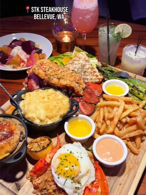 Mermaid’s Brew, King Crab Fondue, Caviar Kisses, Baby Gem Caesar, Burrata, Cold Water Lobster Fried Rice, Colossal Lobster Tail, Swordfish, Mushroom Pot Pie, Mac & Cheese, Truffle Fries, & The Cloud 📍 STK Steakhouse 🦞 ⁣ ⁣ STK Steakhouse is located in Bellevue, WA. From now till April 5th, you can check out the Bounty From The Seven Seas menu that features a fun cocktail called the Mermaid’s Brew, and seafood dishes from caviar, king crab fondue, lobster, swordfish, branzino, and more! The king crab fondue and the colossal lobster tail were definitely the favorites of the night. Come check out this menu while you can! ⁣ #seafoodlover #lobstertail #fondue #bellevuewa 
