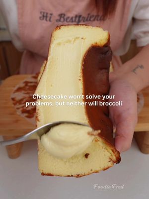 I choose cheesecake! 🥰 This Burnt Basque Cheesecake is rich, creamy, and perfectly scorched on top, pang café level, promise. ✨ RECIPE: 450g Cream Cheese, room temp 140g Powdered Sugar 3 Large Eggs, room temp 1 tsp Vanilla Extract 2 tbsp Cornstarch 190ml Heavy Cream, room temp Pour into a 6-inch pan lined with parchment. Tap to remove air bubbles. Bake at 220°C for 30 mins or until deep brown on top. Chill to room temperature then chill in the fridge overnight.  #CapCut #HiBestfriend #FoodieFred #cheesecake 
