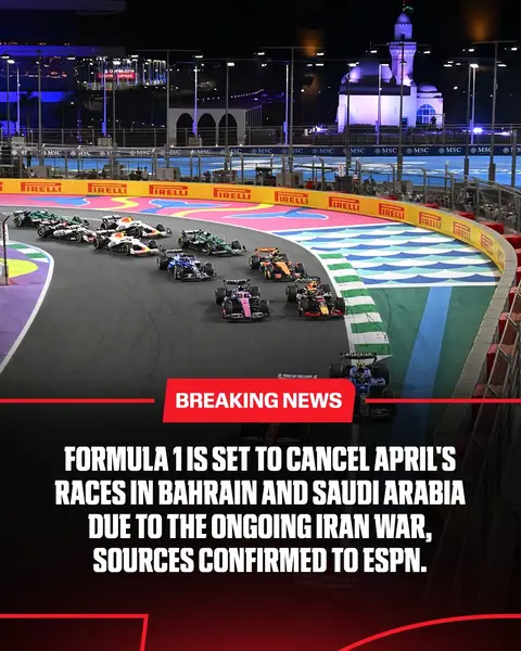 Formula 1 is set to cancel April's races in Bahrain and Saudi Arabia due to the ongoing Iran war, sources confirmed to ESPN. #F1 was due to race in Bahrain on April 12 and in Saudi Arabia on April 19. The news was first reported by Sky Sports. 