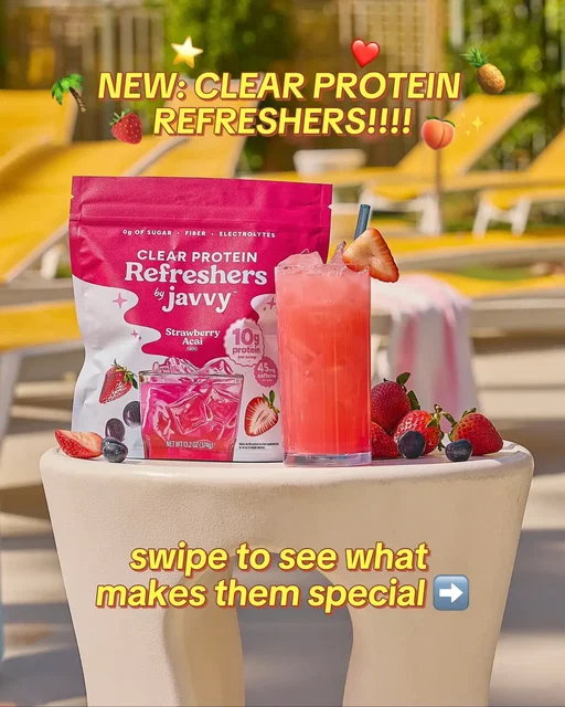 NEW Clear Protein Refreshers! 🌴🍍🐚 We’re checking in to better energy with a lighter, brighter kind of protein that tastes like a feel good getaway in a cup 🍹✨ We combined iconic juicy flavors with real functional benefits like 10g of clear protein, fiber, prebiotics, electrolytes, 45mg of caffeine, and 0g sugar sugar to create a refreshing wellness escape 🏖️🫧 Restore, refuel, refresh with Strawberry Açaí, Mango Pineapple, and Peach Passionfruit Clear Protein Refreshers! 