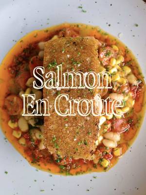 When fish skin isn’t your thing, this technique comes through on the texture you’re looking for. Sourdough encrusted salmon, white bean and corn succotash, finished with a fresh harissa dressing. 🔥  @chefdanbarber might like this one…I’ve heard he’s not the biggest fish skin fan.  It’s got all the things you need for a cozy fish recipe and can be easily adjusted to any season. Enjoy. Ingredients: 5-6oz salmon filet, skinless.  Sourdough bread, sliced thin 2 tbsp mayo 1 tsp dried thyme 1 tsp lemon zest  Salt  White bean succotash: 3 tbsp chopped yellow onion 1 garlic clove, chopped  1/2 cup white beans 1/2 cup corn 1/2 cup white wine  3 tbsp butter  1 tbsp lemon juice  2 tbsp chopped parsley  1 tbsp chopped chives  Salt & pepper  Harissa dressing: 3 tbsp harissa paste (spicy style) 3 tbsp olive oil 1 tbsp lemon juice  1 tbsp chopped parsley  1 tbsp chopped chives  Salt